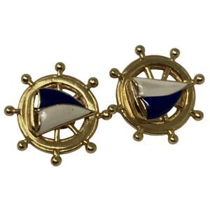 Avon Nautical Clip-On Earrings Gold-Tone Sail Boat Helm Captains Wheel Vintage
